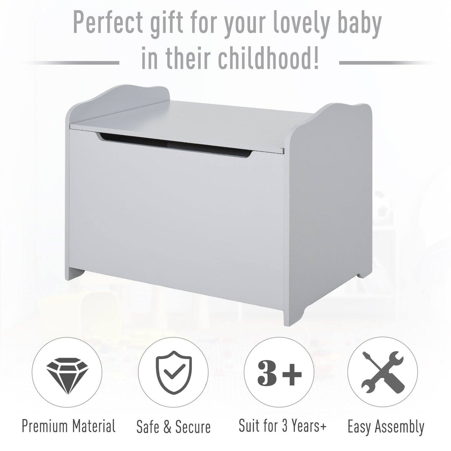Wooden Kids Toy Box Children Storage Organizer Chest Safety Hinge Playroom Furniture Grey