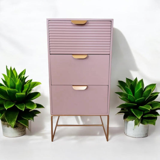 64CM PINK WOODEN 3 DRAWER BEDSIDE TABLE