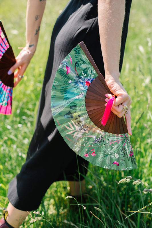 Green hand-held silk fan with 'Greenery' mushroom and crystal botanical artwork