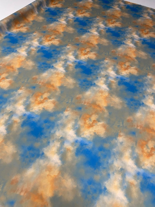 Abstract Cloud Print Crepe Fabric by the Metre – Blue Orange Beige