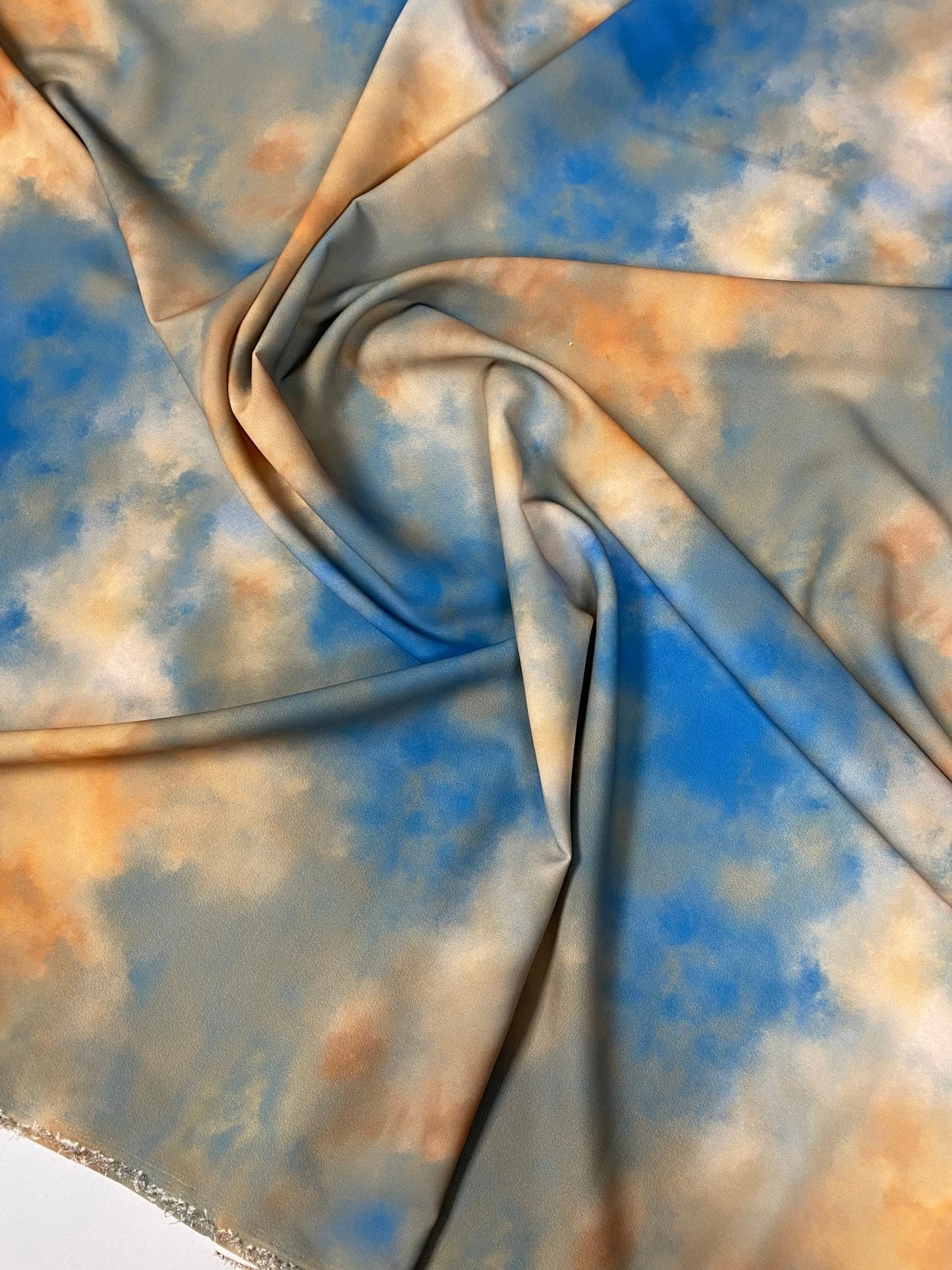 Abstract Cloud Print Crepe Fabric by the Metre – Blue Orange Beige