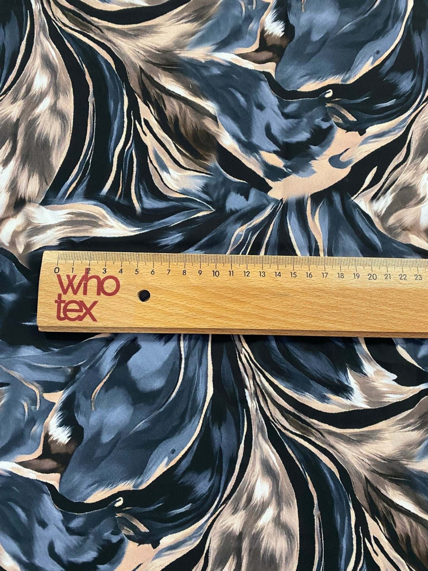 Abstract Feather Pattern Fabric in Black, Beige, and Blue – Custom Printed Fabric on Satin, Crepe, Spandex or Chiffon