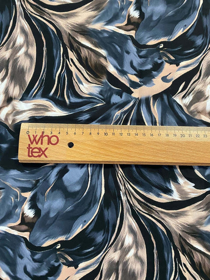 Abstract Feather Pattern Fabric in Black, Beige, and Blue – Custom Printed Fabric on Satin, Crepe, Spandex or Chiffon