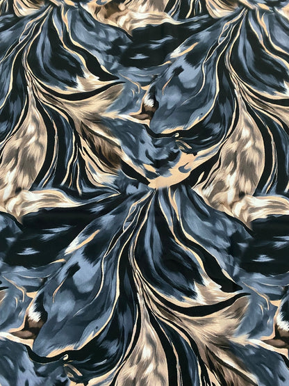Abstract Feather Pattern Fabric in Black, Beige, and Blue