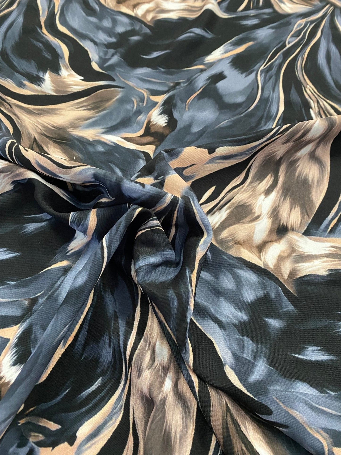 Abstract Feather Pattern Fabric in Black, Beige, and Blue