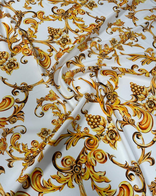 White and Gold Baroque Print Fabric – Available in Satin, Crepe, Spandex & Chiffon | By Metre