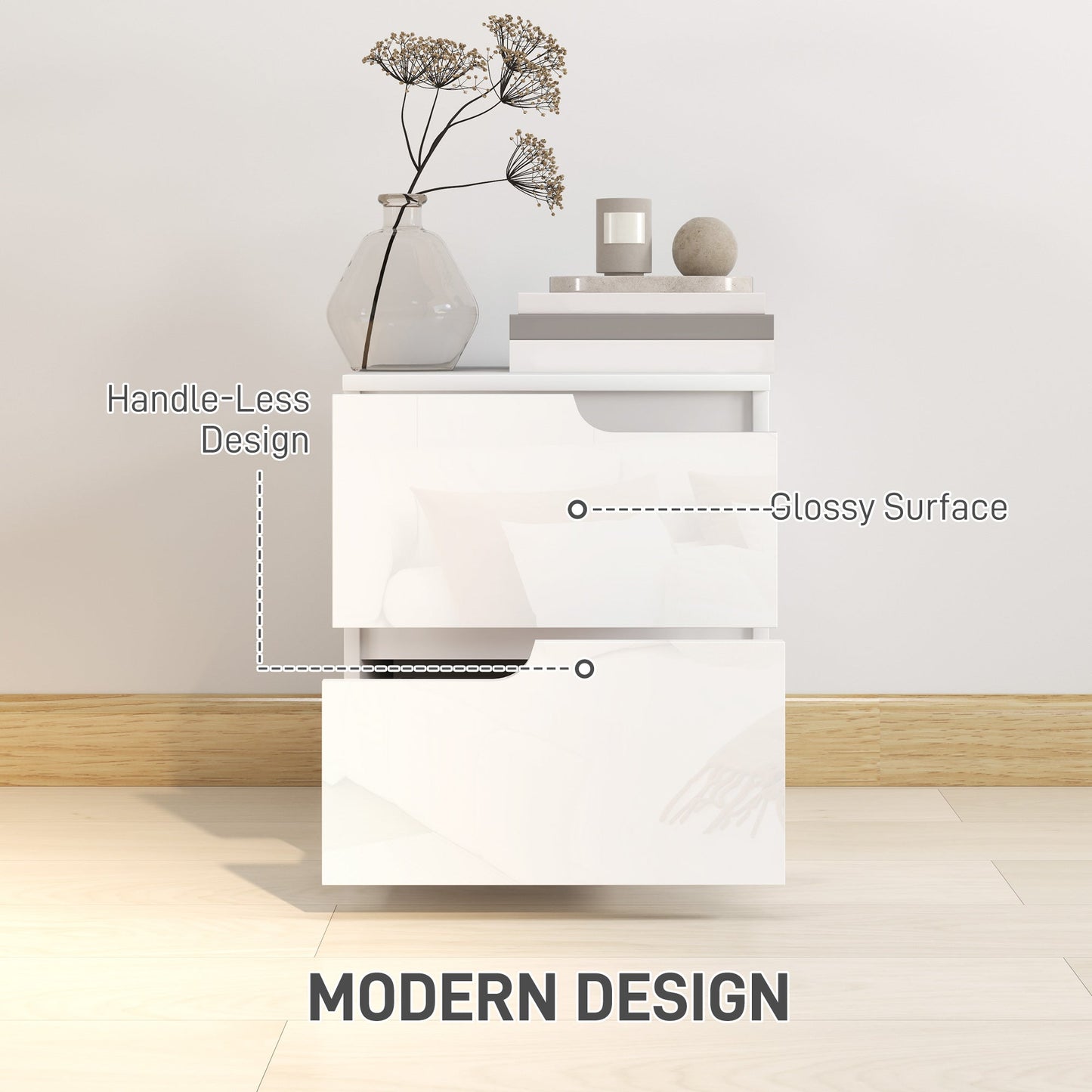 HOMCOM Modern Bedside Table with 2 Drawers for Bedroom, Living Room, White