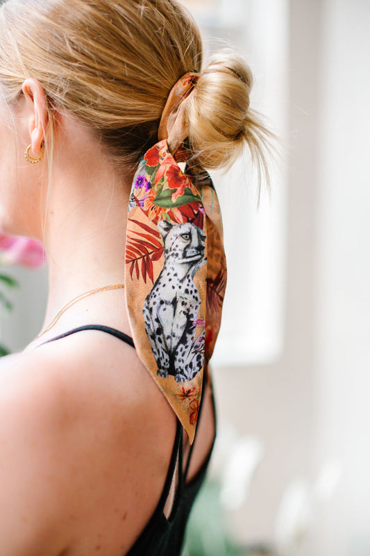 Peach botanical 'Panthera' skinny Silk scarf, delicate, lightweight Twilly style scarf accessory with animal print texture