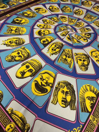 Ancient Greek Mask Print Satin Fabric by the Metre