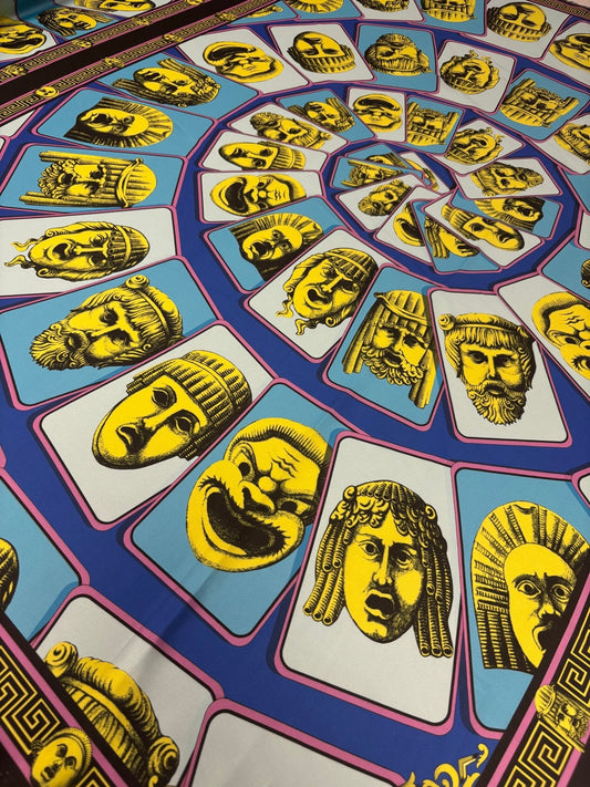 Ancient Greek Mask Print Satin Fabric by the Metre