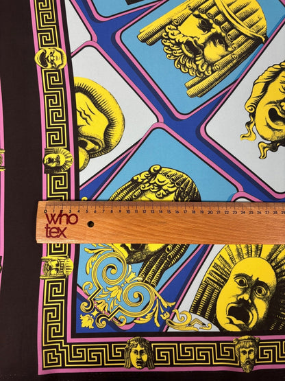 Ancient Greek Mask Print Satin Fabric by the Metre
