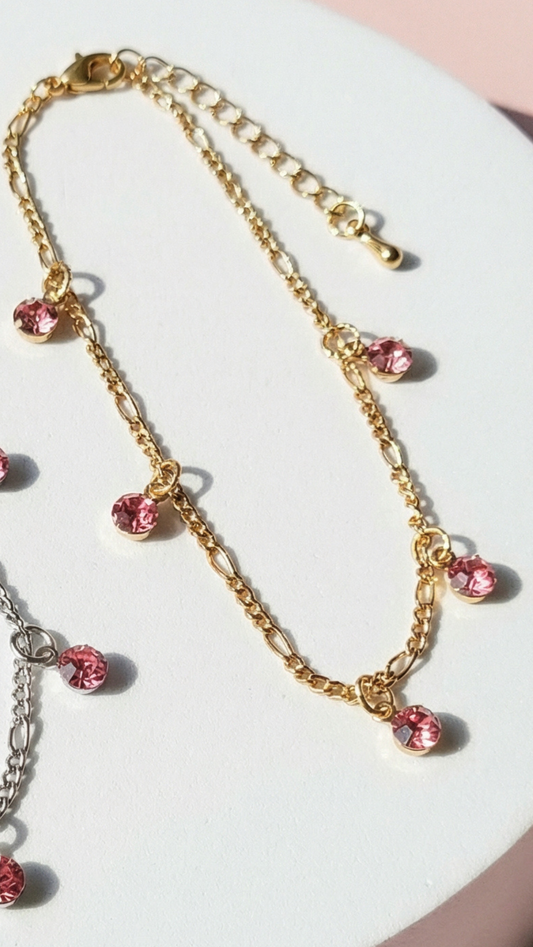 Pink Crystal Charm Dangly Anklet