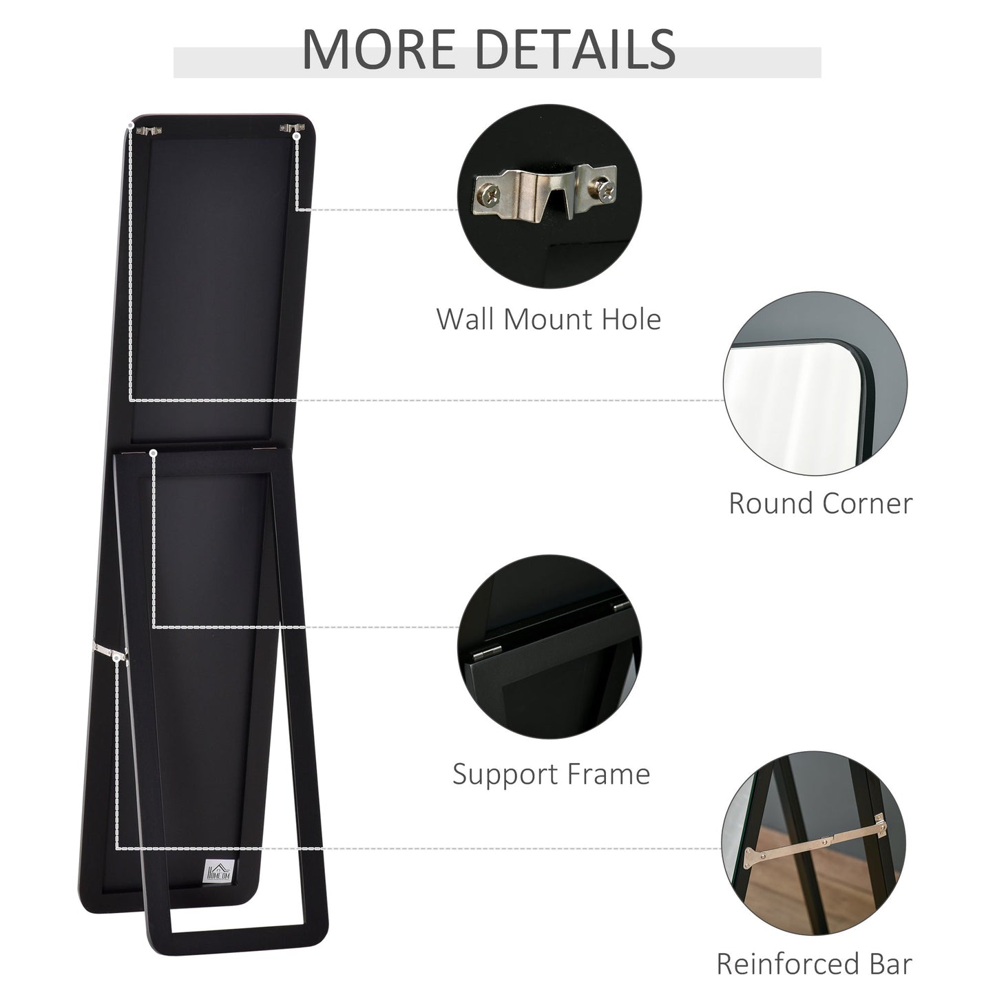 Homcom Full Length Mirror Floor Standing or Wall Mount Dressing Mirror Bedroom Black