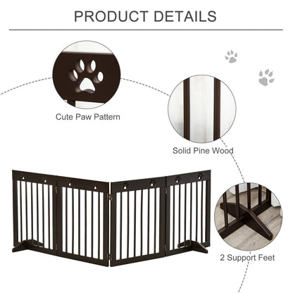 Pawhut Freestanding Pet Gate 4 Panel Folding Wooden Dog Barrier With Support Feet
