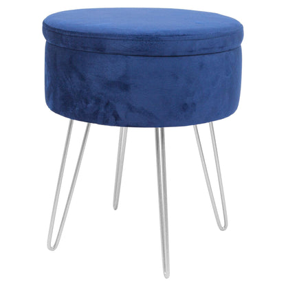 Blue Round Velvet Storage Footstool