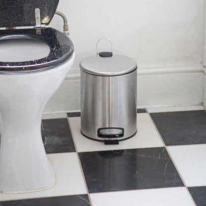 2pc 5L Round Brushed Stainless Steel Pedal Bin & Toilet Brush Set