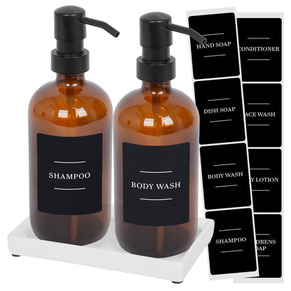 2pc 500ml Amber Glass Soap Dispenser with Black Labels & Ceramic Tray