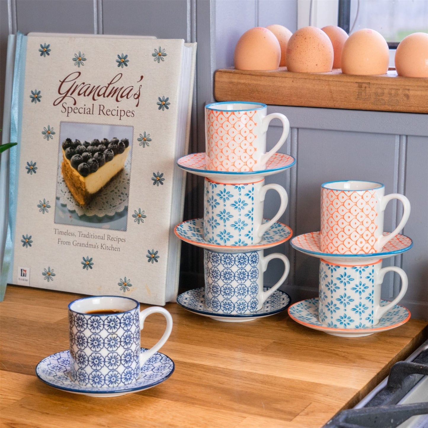 12pc 65ml Hand-Printed Stoneware Orange Espresso Cup & Saucer Set