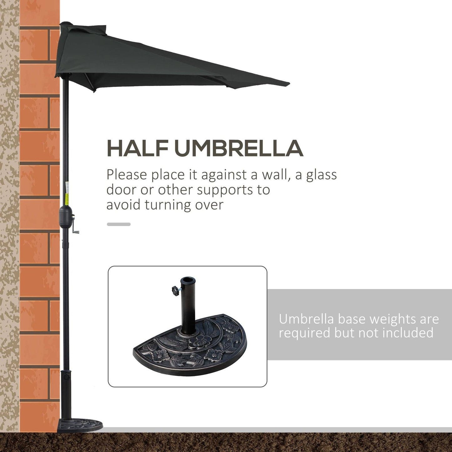 3M Half Parasol Semi Round Umbrella Patio Metal Frame Crank Handle for Balcony-- NO BASE INCLUDED