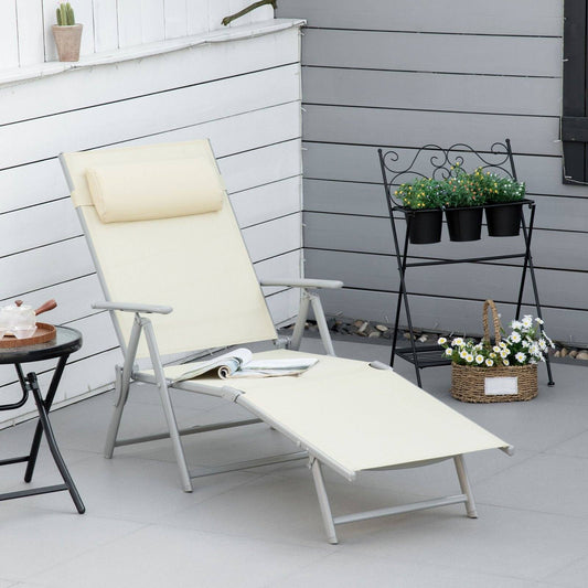 Steel Fabric Sun Lounger Outdoor Texteline Folding Chaise Lounge Chair Recliner with Portable Design & 7 Adjustable Backrest Positions - Beige
