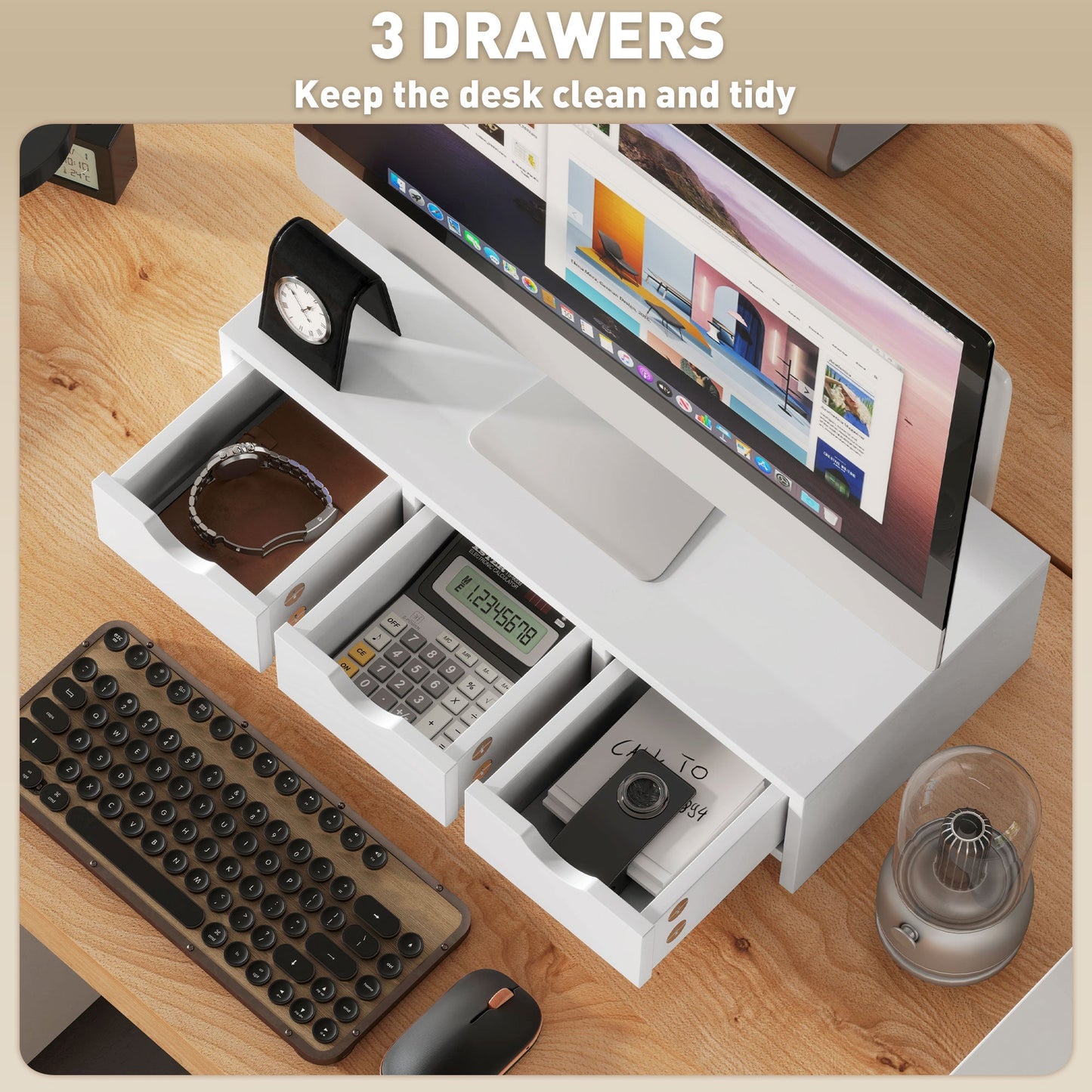 HOMCOM Monitor Stand Riser with 3 Drawers for Laptop, Computer, PC, White