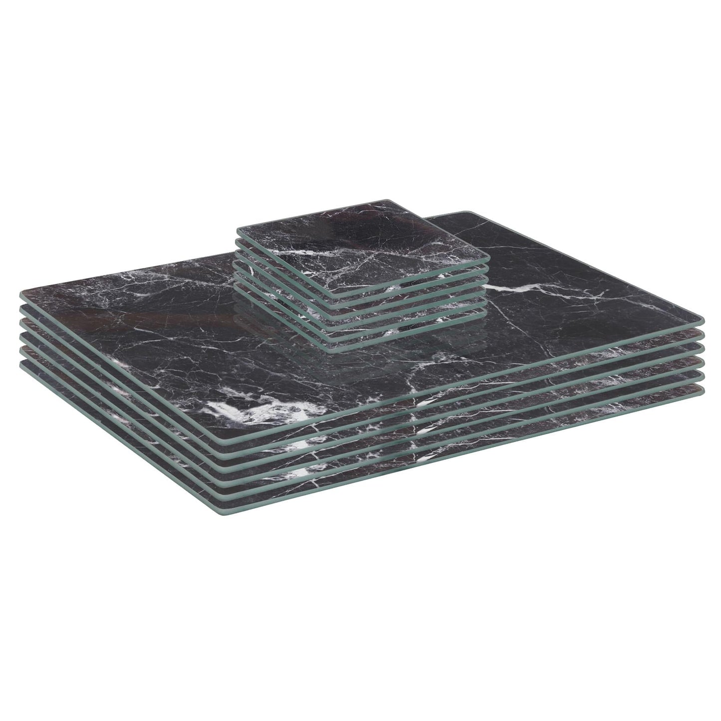 12pc Rectangle Glass Placemats & Square Coasters Set - 30cm x 20cm - Marble
