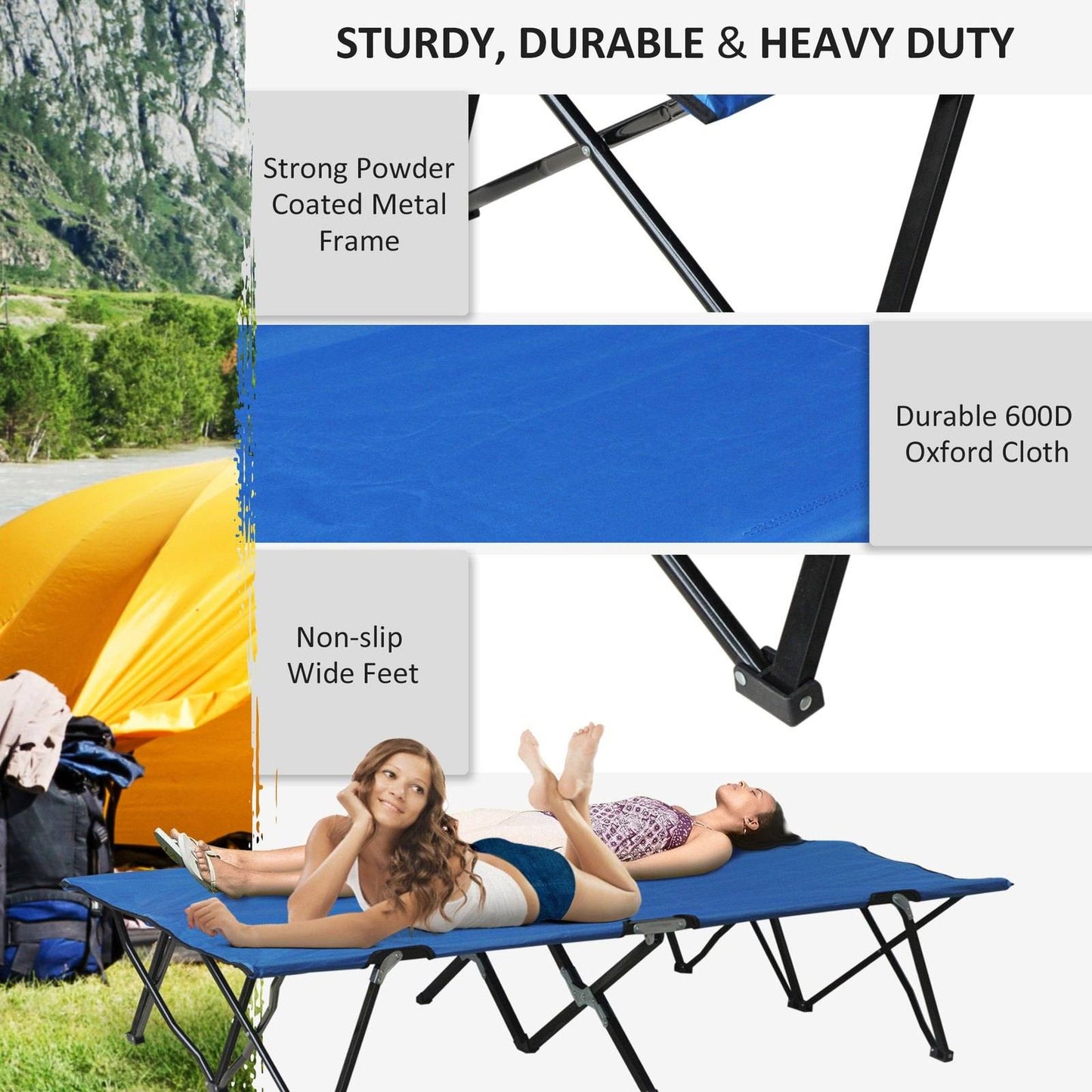Double Camping Cot Foldable Sunbed Outdoor Patio Sleeping Bed Super Light with Carry Bag Blue
