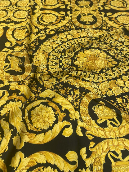 Baroque Black and Gold Upholstery Fabric – Fabric by Metre, Options: Satin, Crepe, Spandex, Chiffon
