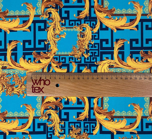 Baroque Blue & Gold Fabric – Ornate Italian Style Print by the Metre