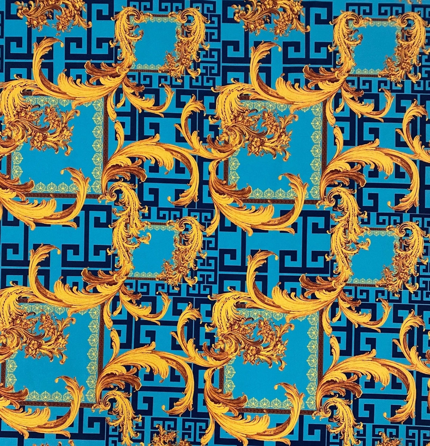 Baroque Blue & Gold Fabric – Ornate Italian Style Print by the Metre