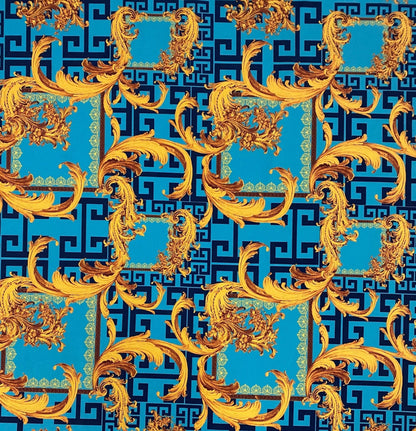 Baroque Blue & Gold Fabric – Ornate Italian Style Print by the Metre
