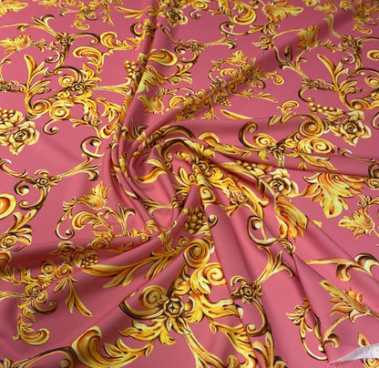 Baroque Floral Crepe Fabric by the Metre – Pink & Gold Luxury Design