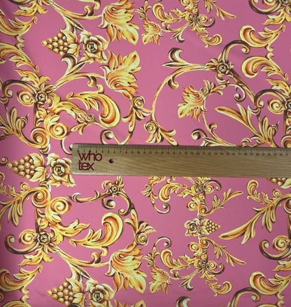 Baroque Floral Crepe Fabric by the Metre – Pink & Gold Luxury Design