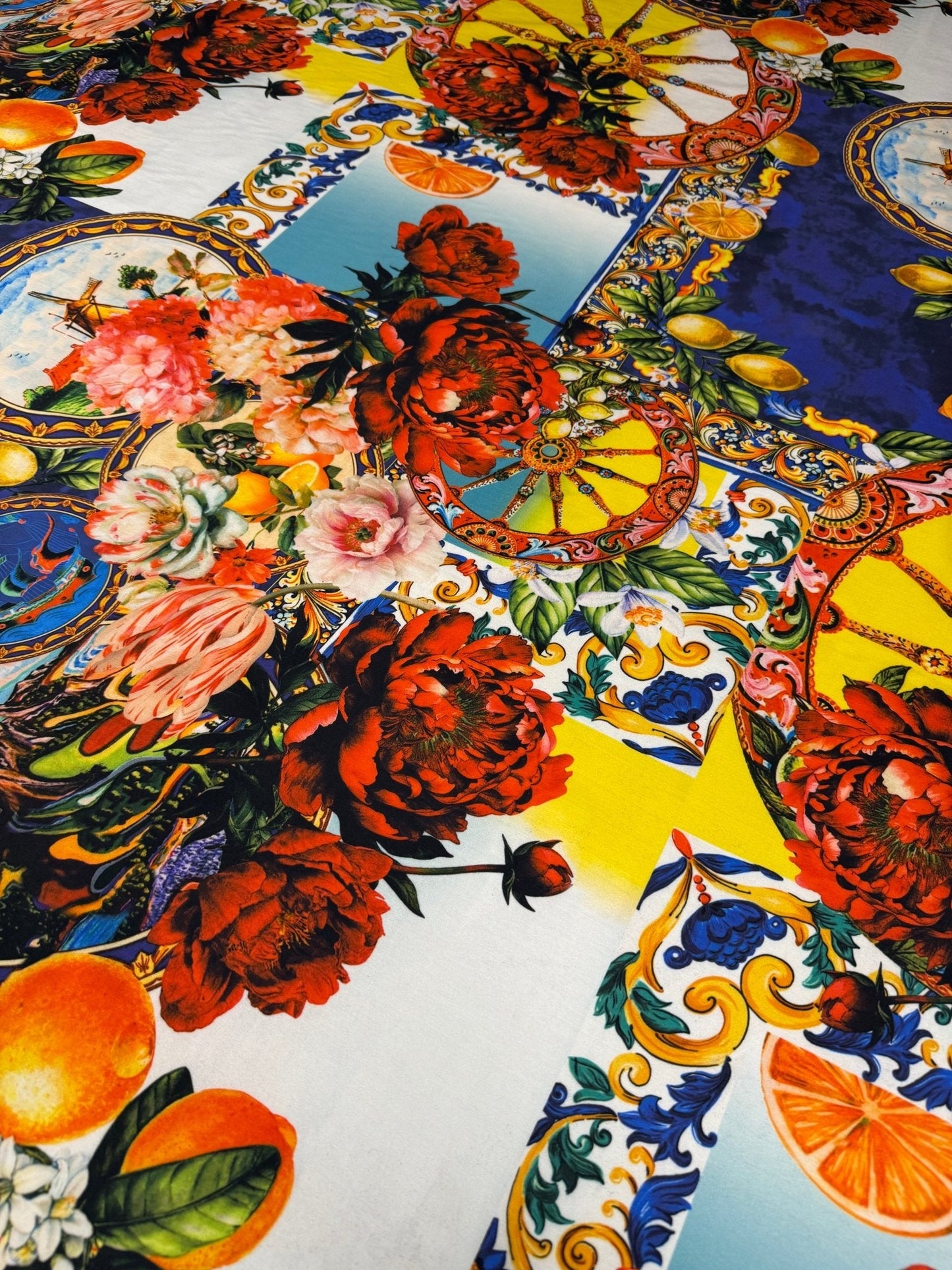 Baroque Floral & Lemons Organic Cotton Poplin Fabric by the Metre