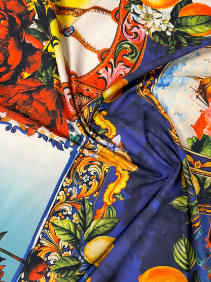 Baroque Floral & Lemons Organic Cotton Poplin Fabric by the Metre