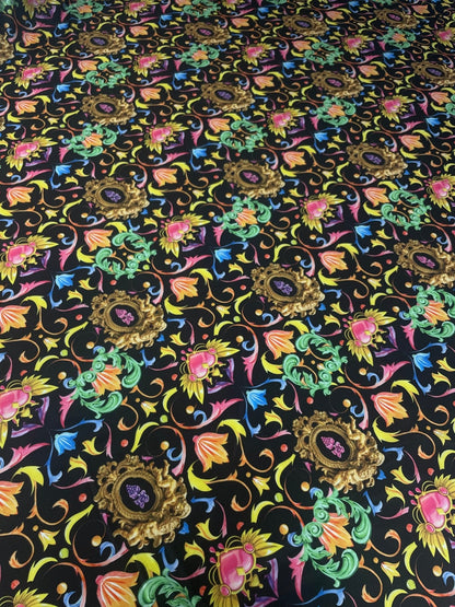 Baroque Floral Spandex Fabric with Gold Motifs