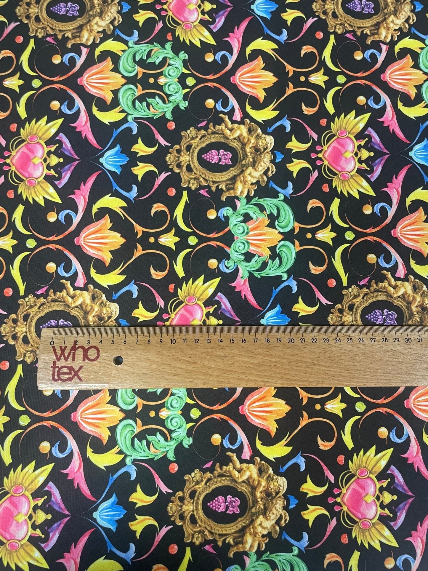 Baroque Floral Spandex Fabric with Gold Motifs