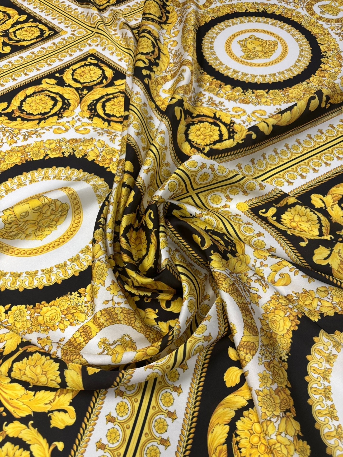 Baroque Gold Medallion Satin Fabric by the Metre – Luxury Material