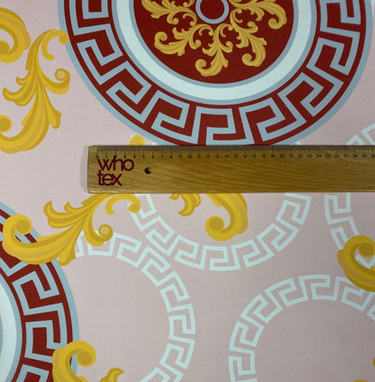 Baroque Medallion Crepe Fabric by the Metre – Beige Red & Gold Design