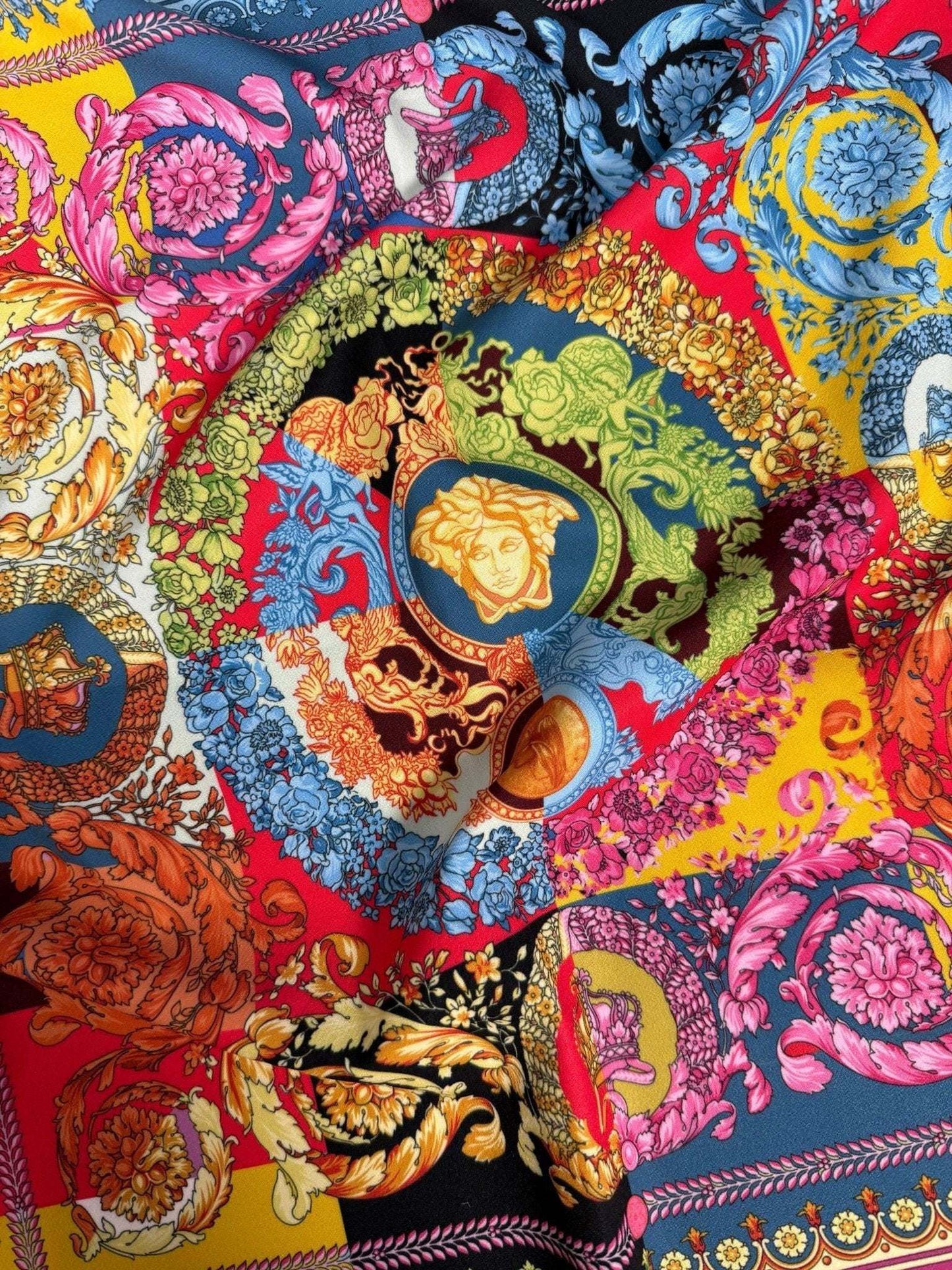 Colorful Baroque Pattern Italian Fabric – Fabric by Metre, Options: Satin, Crepe, Spandex, Chiffon