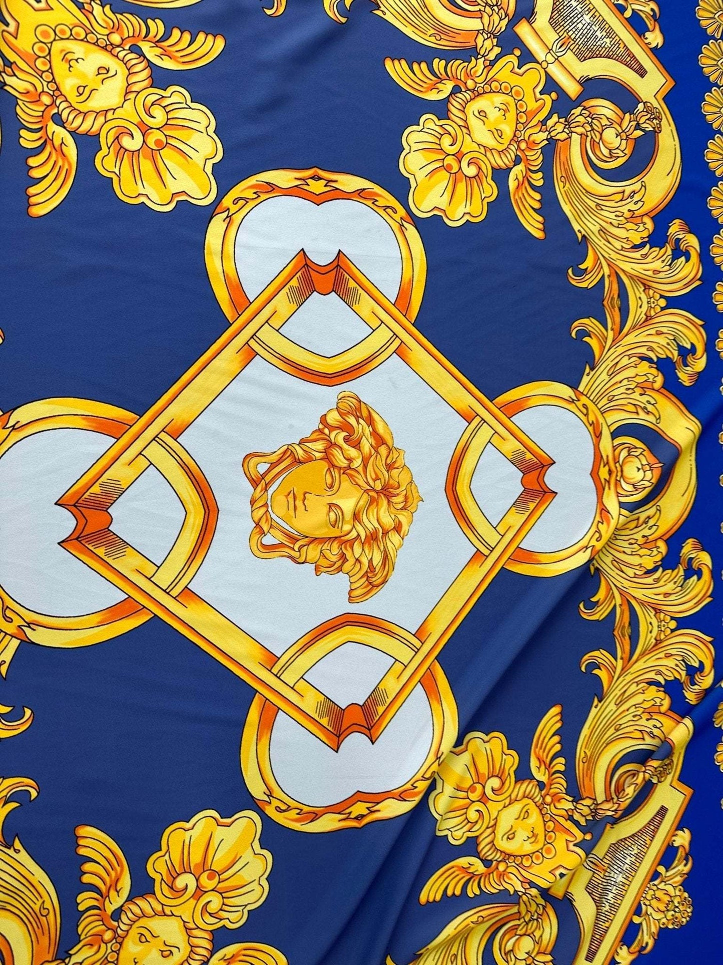Baroque Gold Pattern Fabric on Royal Blue Background – Fabric by Metre, Multiple Options for Sewing & Dressmaking