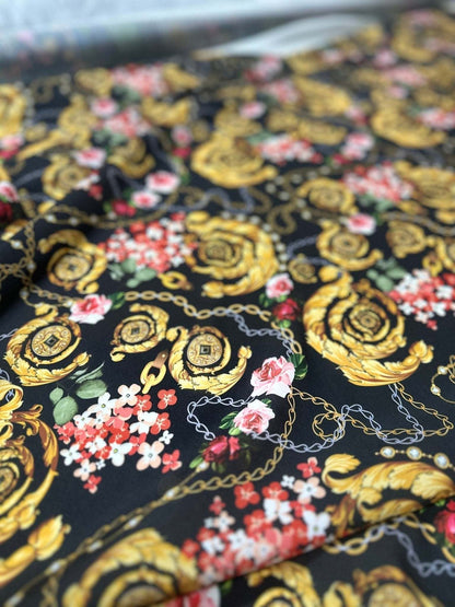 Baroque Floral Chain Fabric – Custom Printed Fabric on Satin, Crepe, Spandex or Chiffon