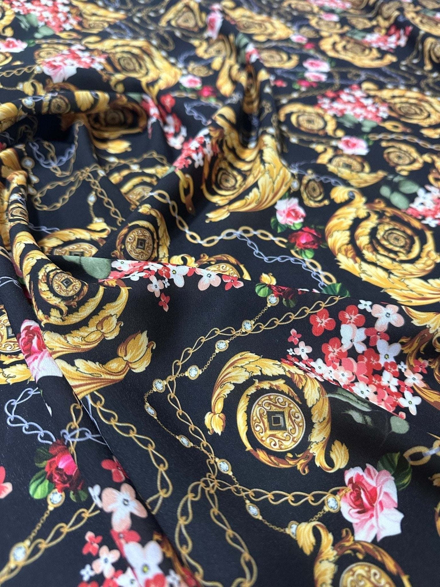 Baroque Floral Chain Fabric – Custom Printed Fabric on Satin, Crepe, Spandex or Chiffon