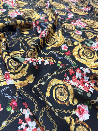 Baroque Floral Chain Fabric – Custom Printed Fabric on Satin, Crepe, Spandex or Chiffon