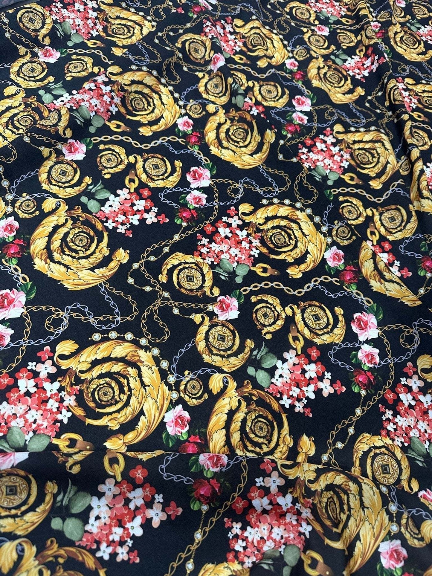 Baroque Floral Chain Fabric – Custom Printed Fabric on Satin, Crepe, Spandex or Chiffon