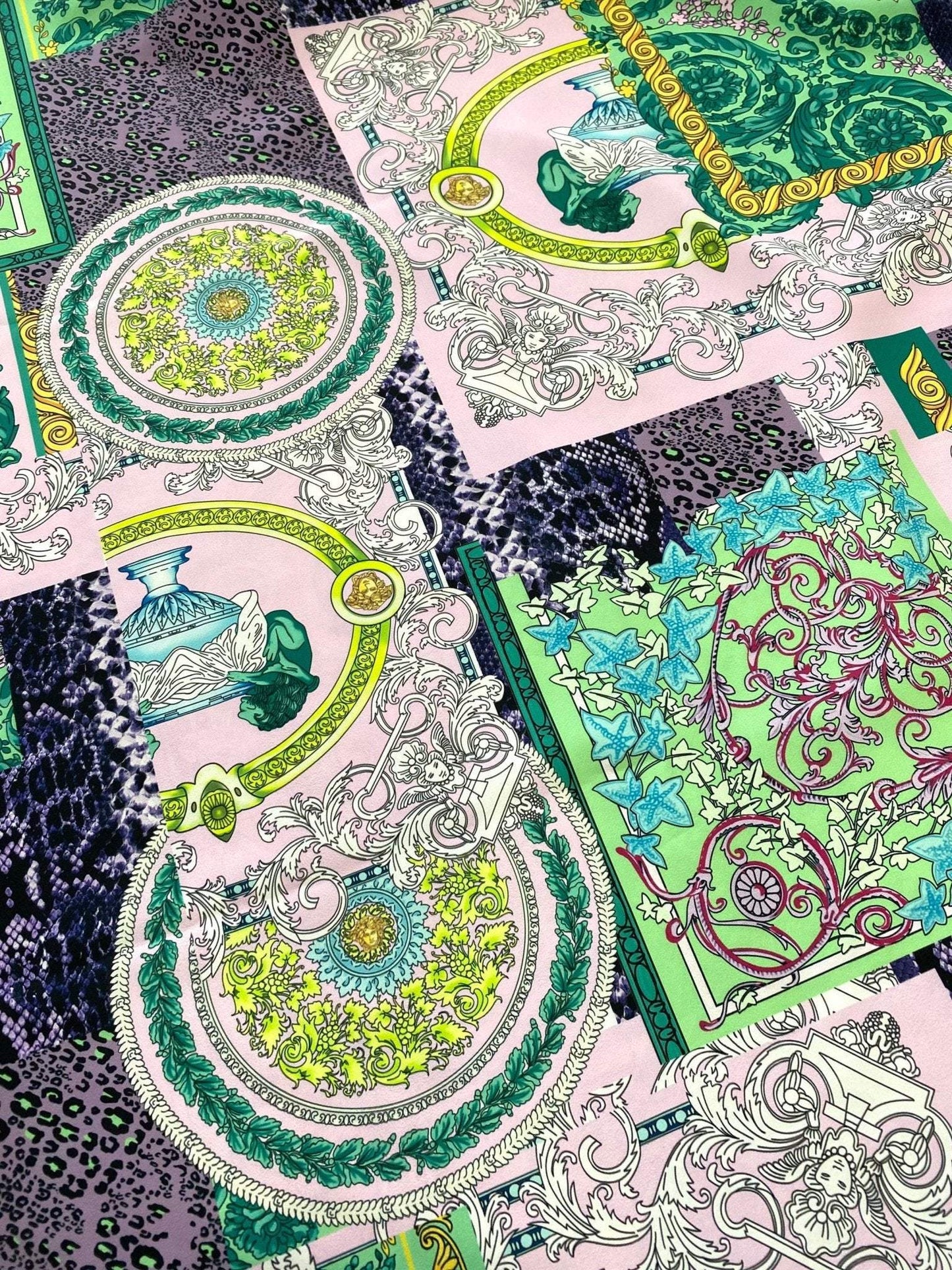 Baroque Pattern Fabric Green Borders and Soft Color Palette – Fabric by Metre, Options: Satin, Crepe, Spandex, Chiffon