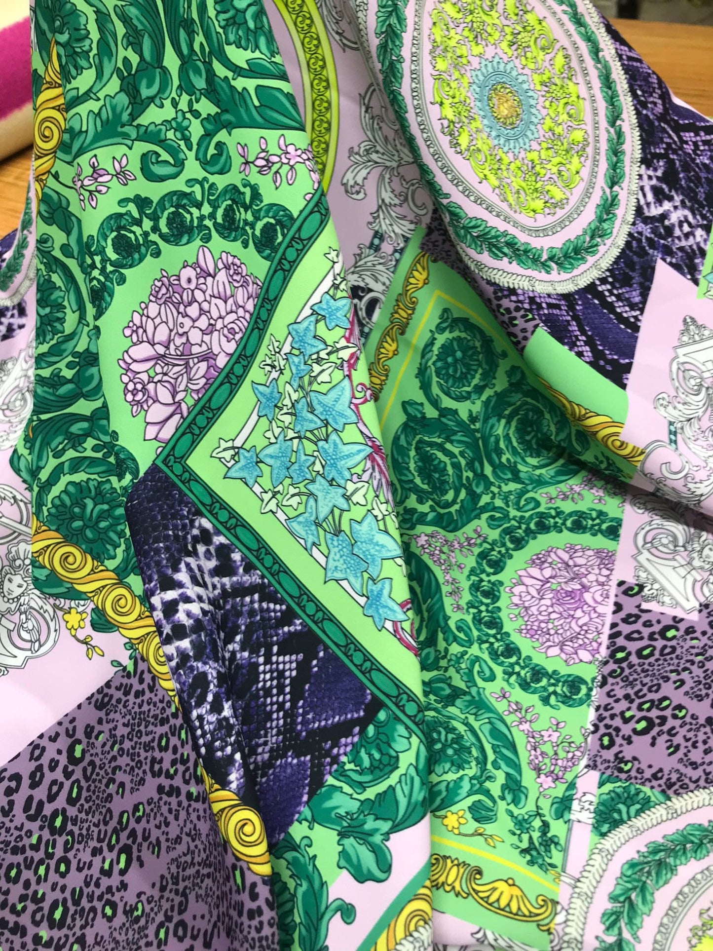 Baroque Pattern Fabric Green Borders and Soft Color Palette