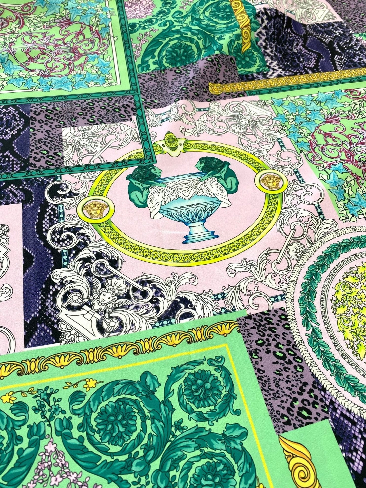 Baroque Pattern Fabric Green Borders and Soft Color Palette