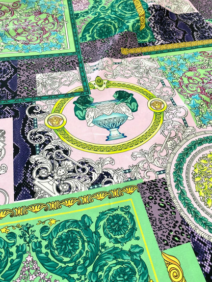 Baroque Pattern Fabric Green Borders and Soft Color Palette