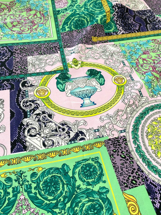 Baroque Pattern Fabric Green Borders and Soft Color Palette